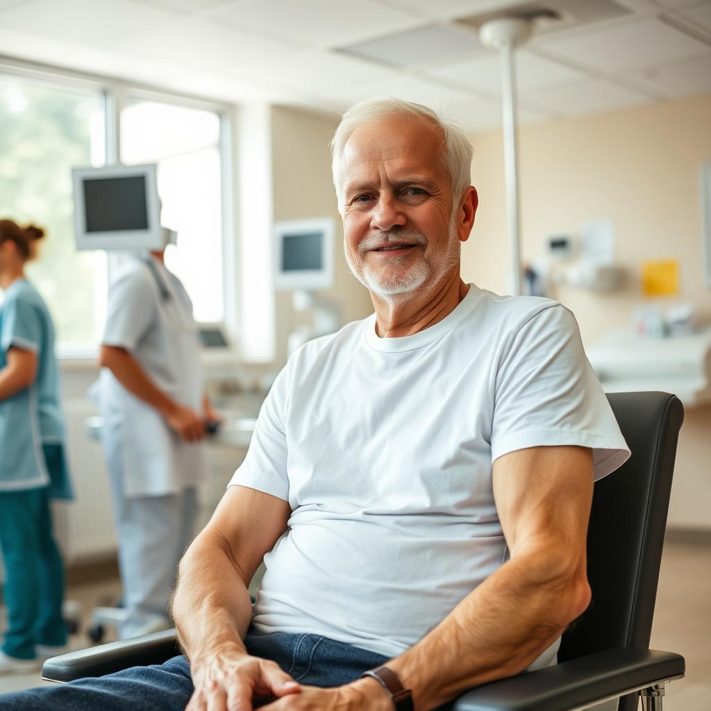 A 60-year-old man sitting in a hospital donating blood