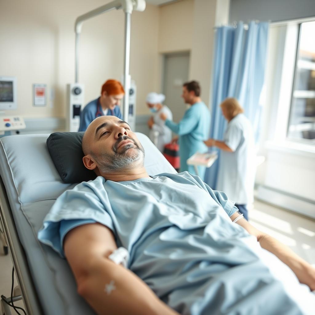 A man lying on a hospital stretcher donating blood