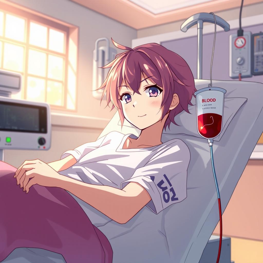 An anime character lying on a hospital gurney, looking determined yet calm while donating blood