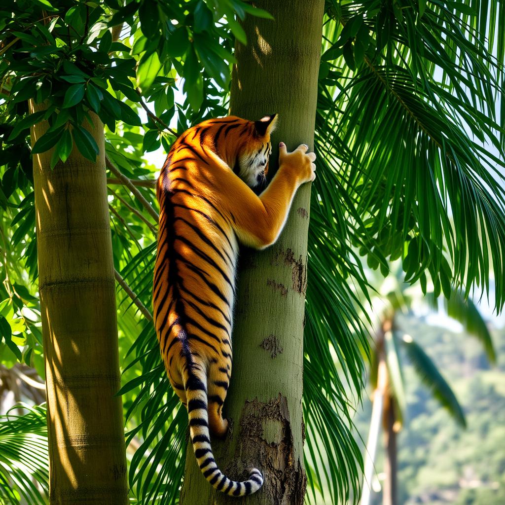 A majestic tiger climbing a tall, lush green tree in a tropical forest
