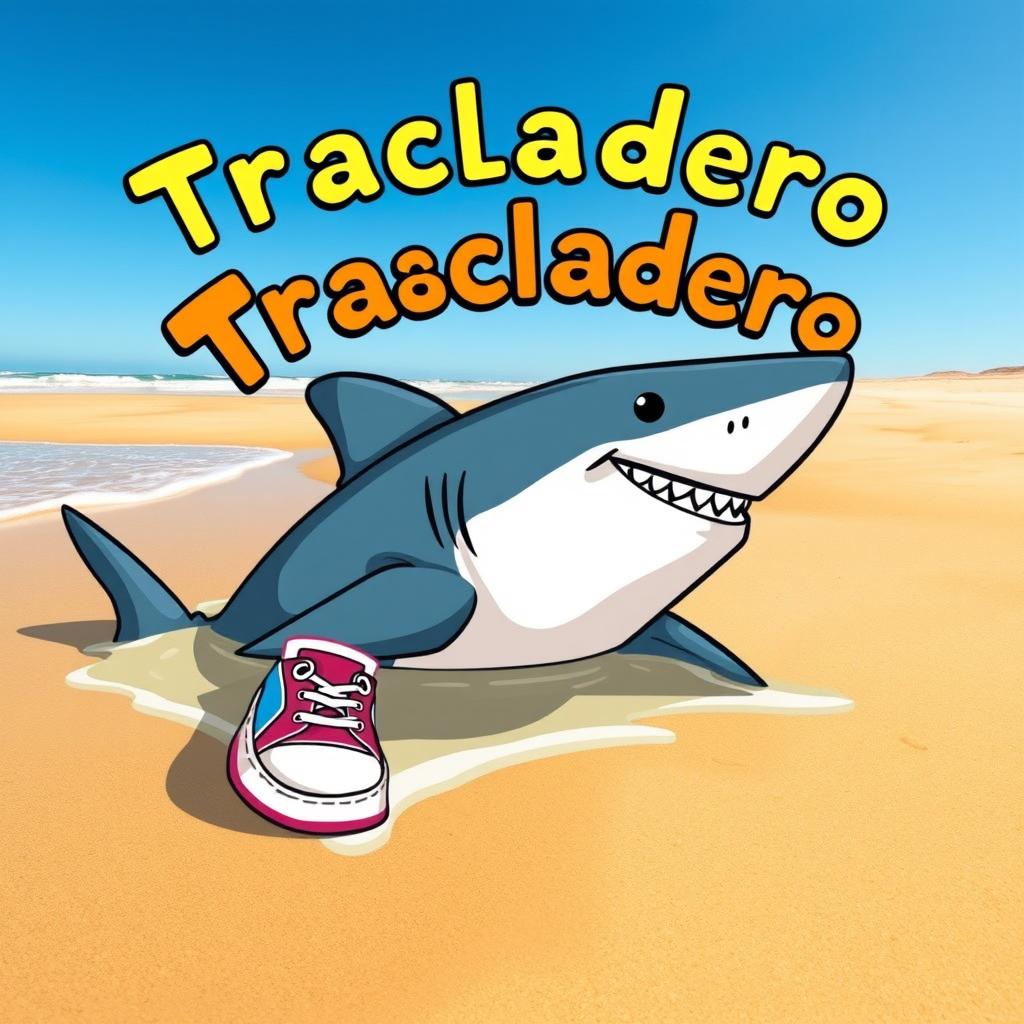 A whimsical and humorous scene depicting a shark lounging at the beach, wearing a pair of colorful sneakers