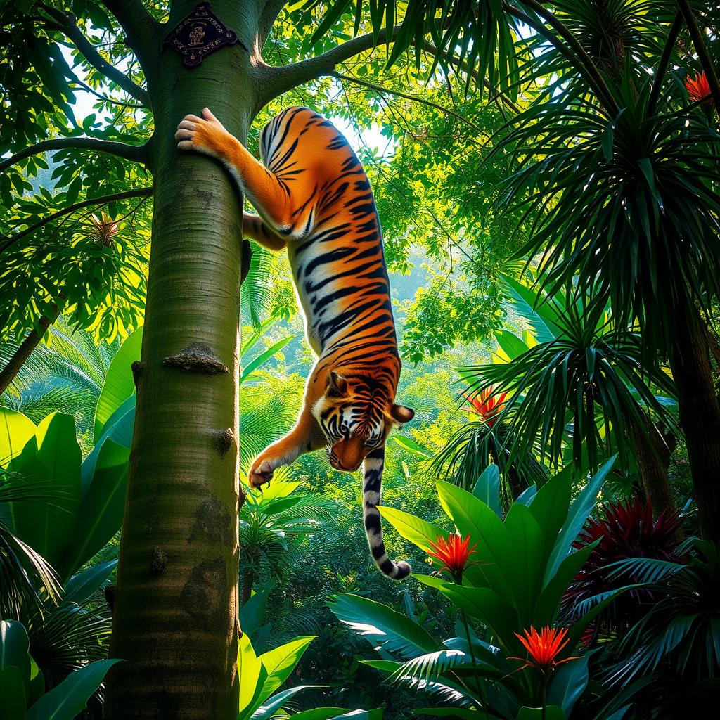 A majestic tiger climbing a tall, lush green tree in a vibrant jungle