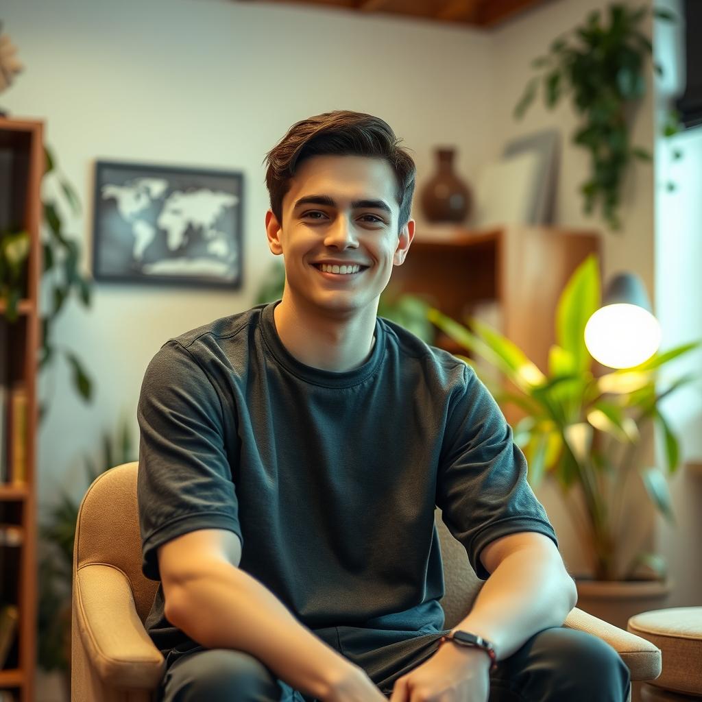 A young man sitting on a chair, smiling brightly