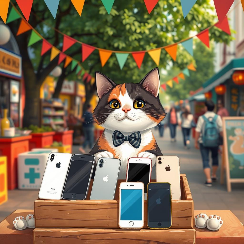 A charming scene featuring a cute, crippled cat with a friendly expression, sitting behind a small wooden stall adorned with colorful banners