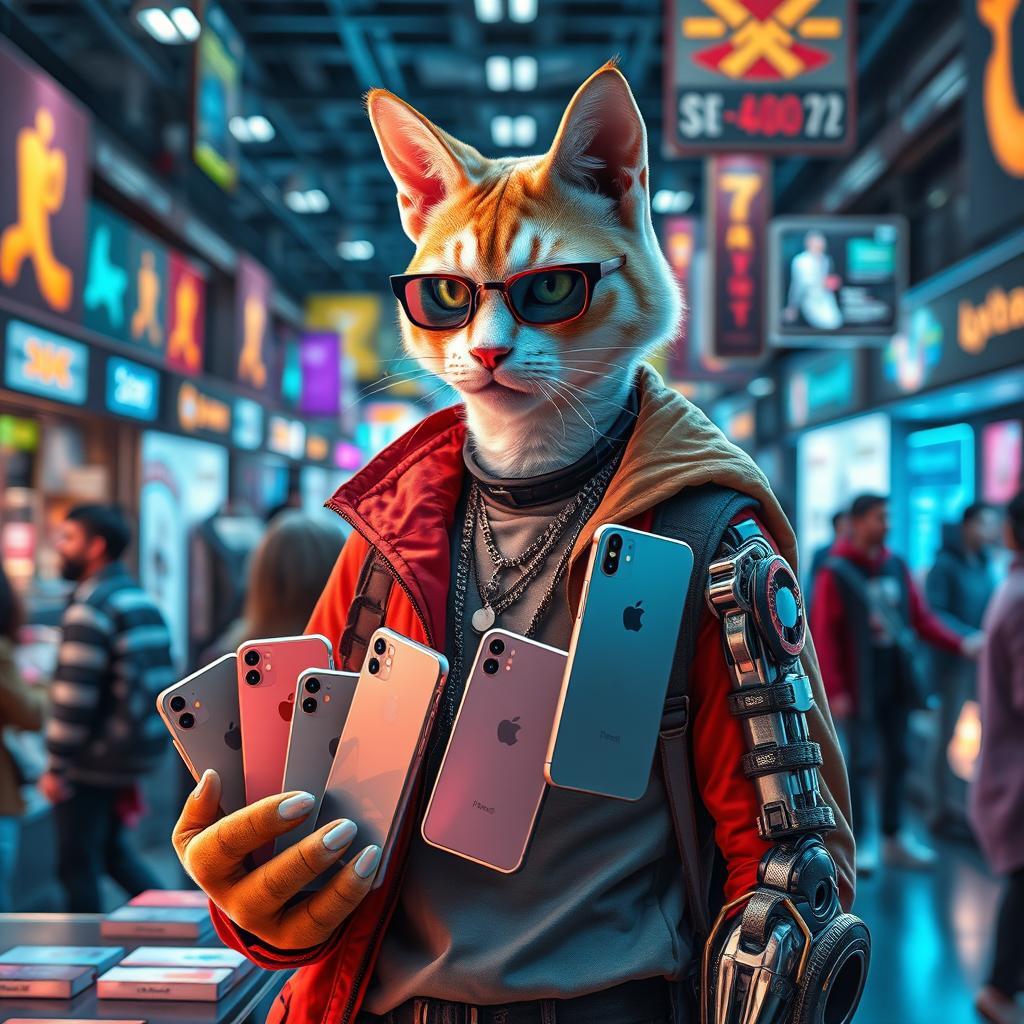 A futuristic catman merchant with a sleek, sleek appearance and feline features, showcasing a collection of shiny iPhones in a bustling market setting