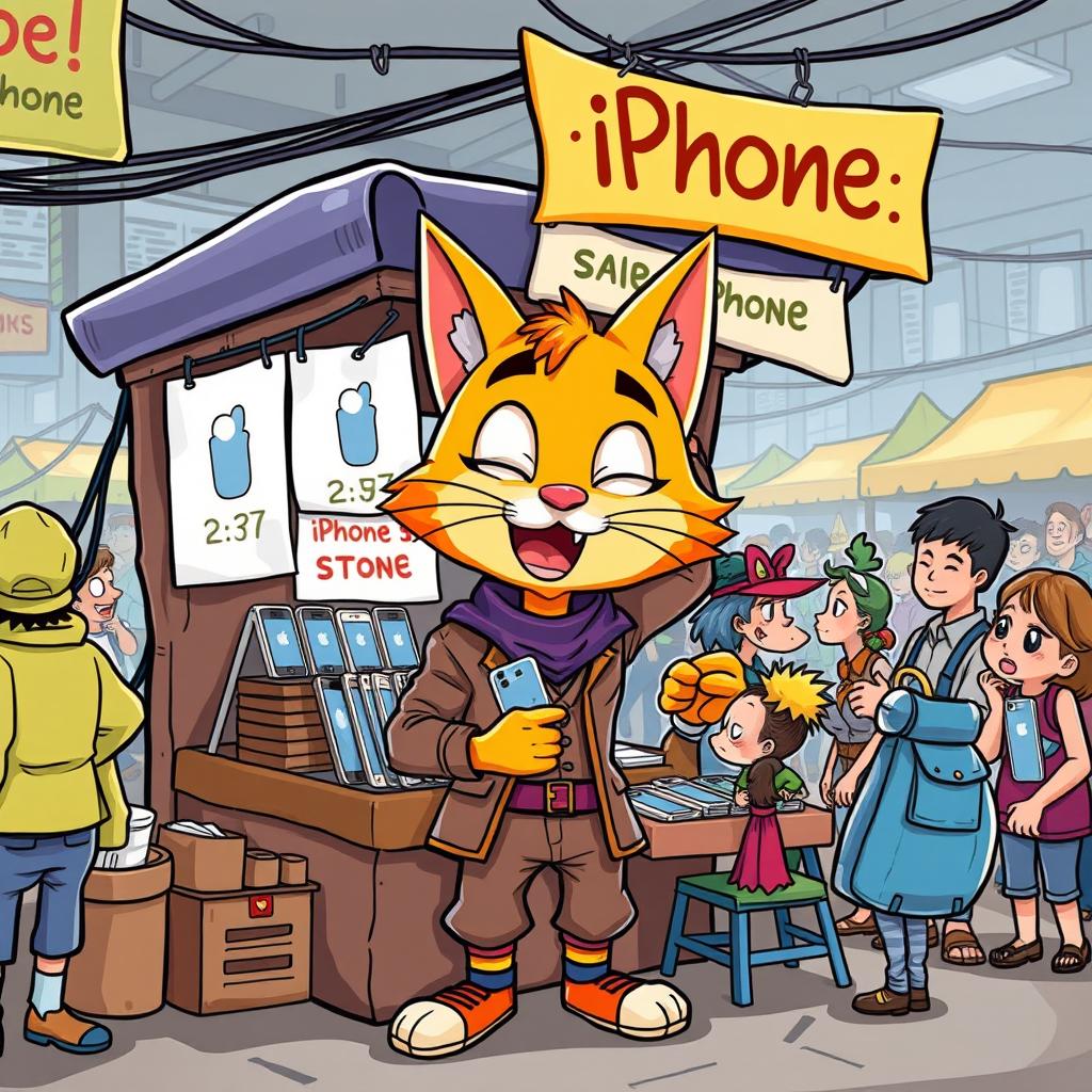 A cartoonish and whimsical illustration of a unique character known as the 'Handicap Catman,' who is a vibrant, anthropomorphic cat with feline features such as whiskers and ears, dressed in a stylish outfit