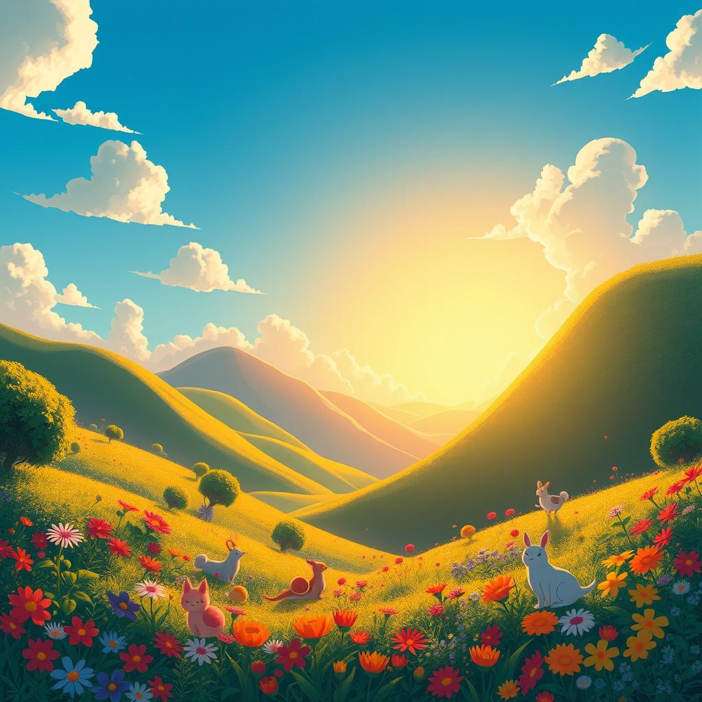 A vibrant, warm scene in the style of Studio Ghibli, featuring a fantastical landscape filled with lush green hills, a clear blue sky, and fluffy white clouds
