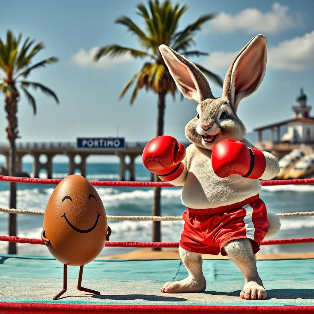 A realistic photo montage image featuring a cheerful and determined fat rabbit dressed in vibrant red shorts and boxing gloves, ready for action in an improvised ring at the stunning Portimão beach