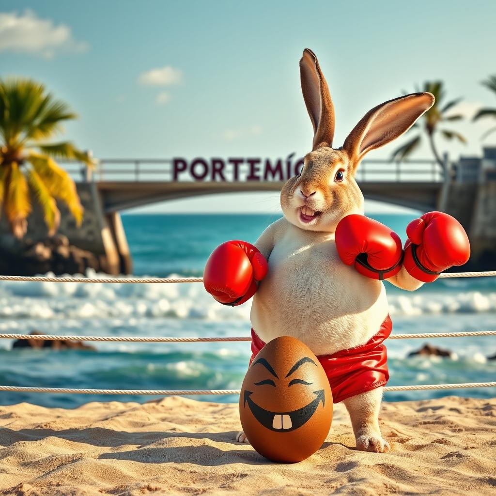 A realistic photomontage of a fat, joyful, and determined rabbit dressed in vibrant red shorts and boxing gloves, ready for action in an improvised ring on the stunning Portimão beach