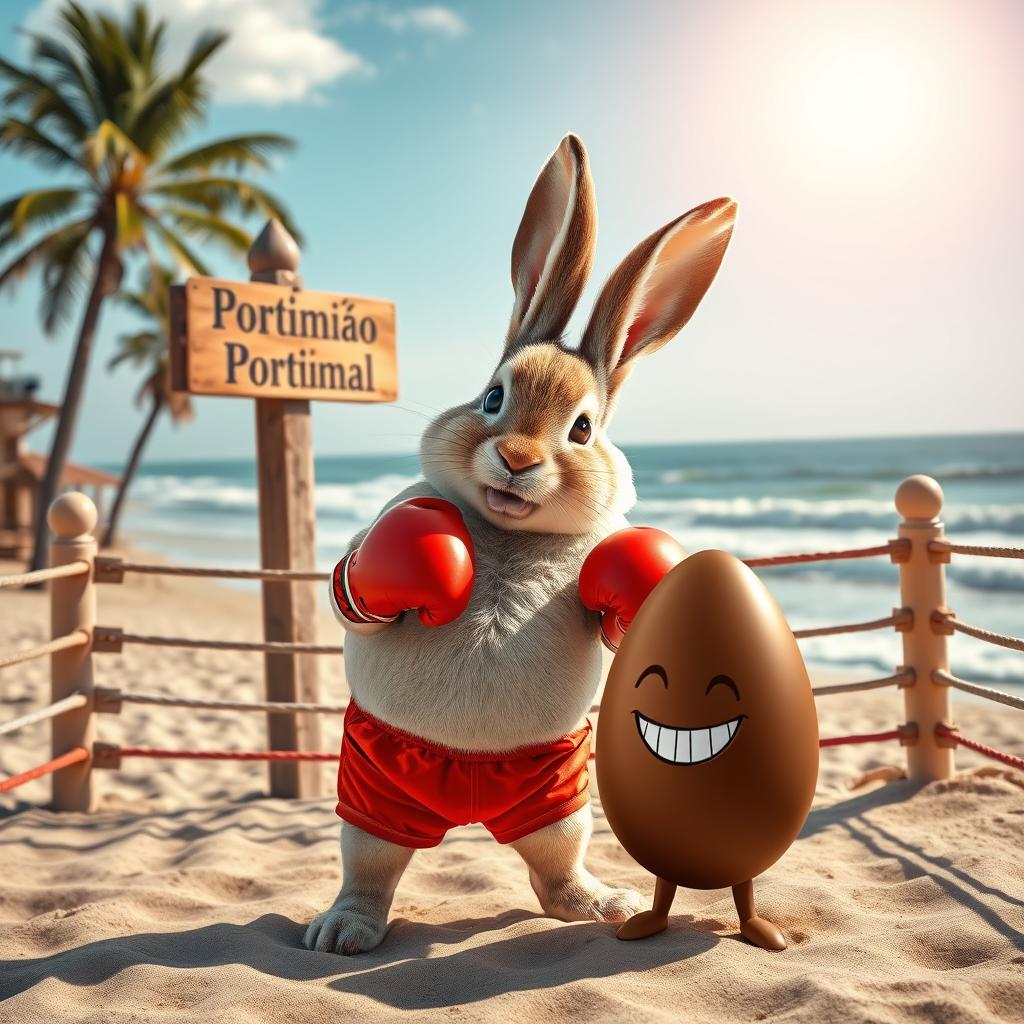 A realistic photomontage of a chubby, cheerful and determined rabbit wearing vibrant red shorts and boxing gloves, prepared for action in an improvised boxing ring on the stunning beach of Portimão