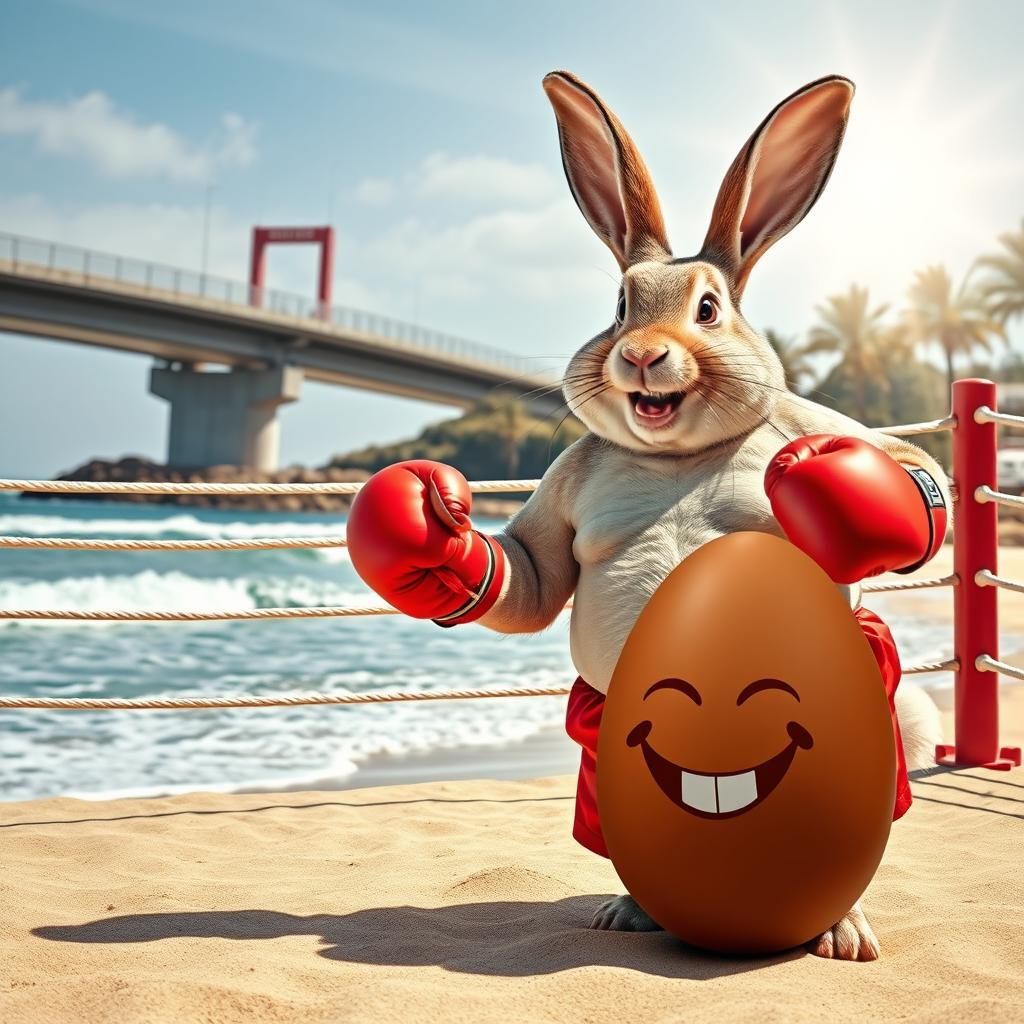 A realistic photo montage depicting a fat, cheerful, and determined rabbit dressed in vibrant red shorts and boxing gloves, ready for action in an improvised boxing ring on the stunning beach of Portimão