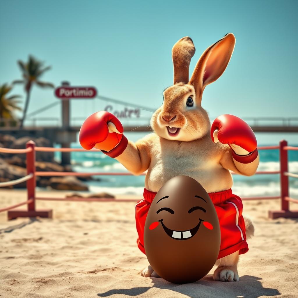 A realistic and vibrant photo montage featuring a fat, cheerful, and determined rabbit dressed in bright red shorts and boxing gloves, ready for action in an improvised ring on the stunning beach of Portimão