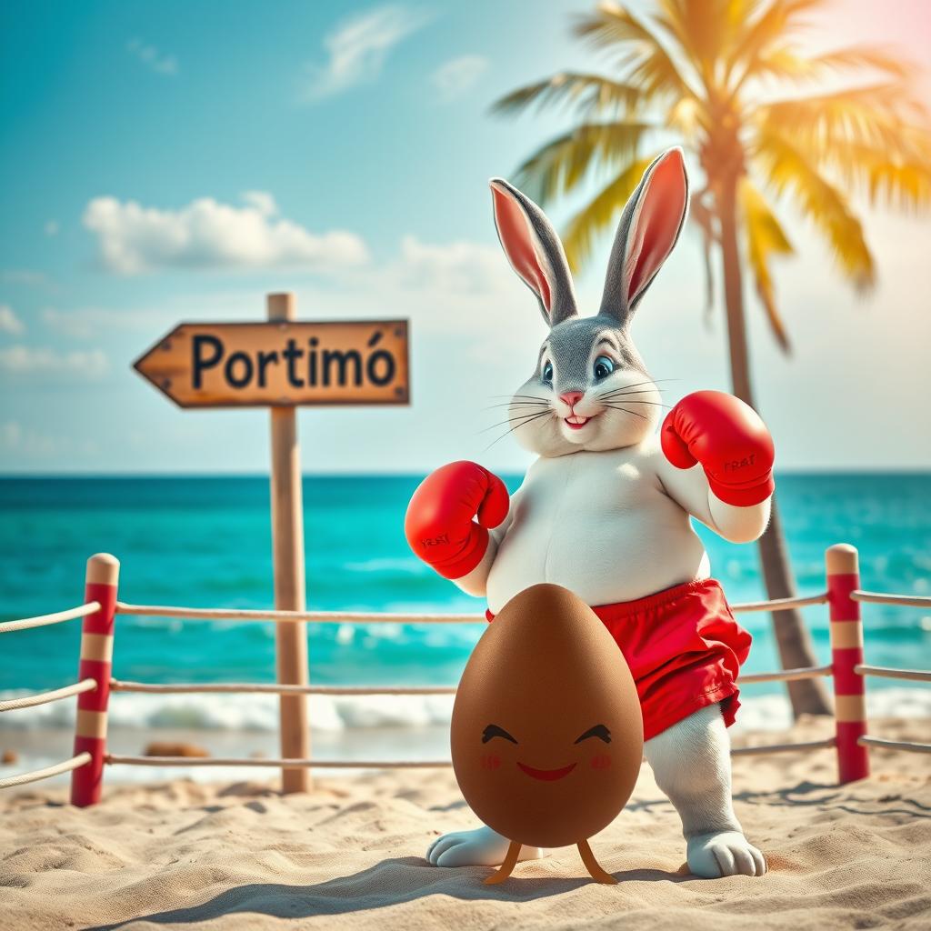 A realistic photomontage of a cheerful and determined fat bunny dressed in vibrant red shorts and boxing gloves, ready for action in an improvised ring on the stunning beach of Portimão