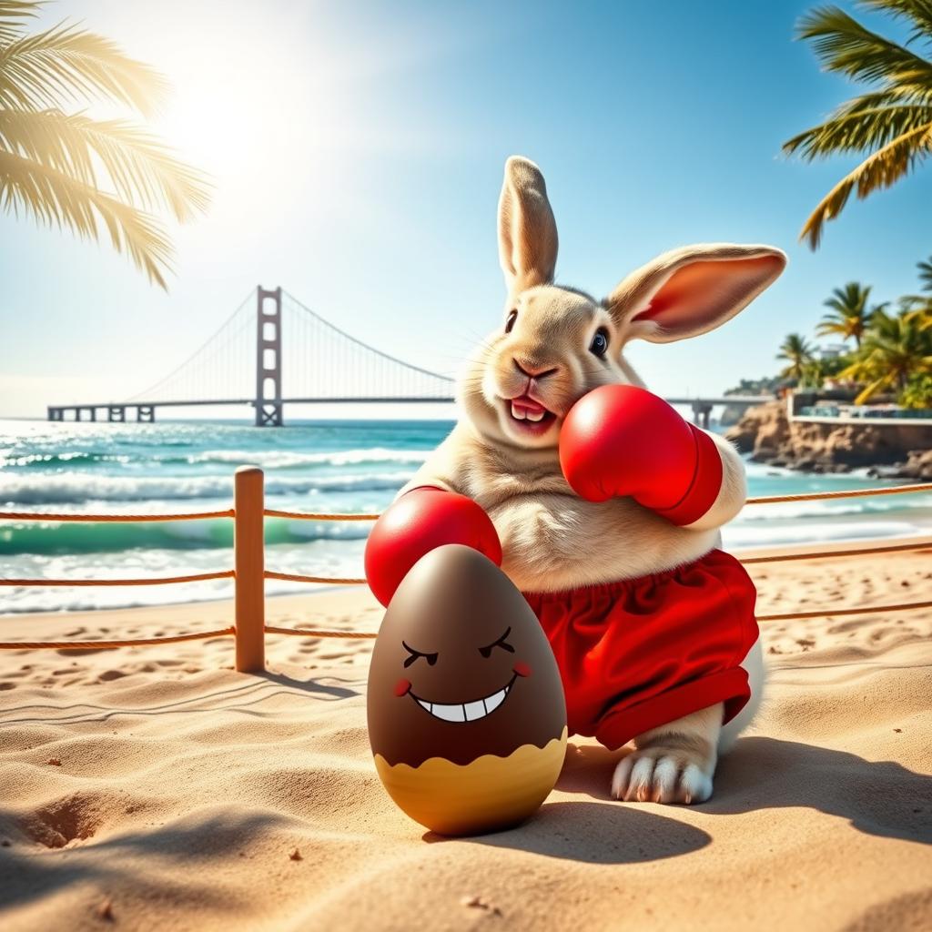 A realistic photo montage of a chubby, cheerful, and determined rabbit wearing vibrant red shorts and boxing gloves, ready for action in an improvised ring on the stunning beach of Portimão with the bridge in the background