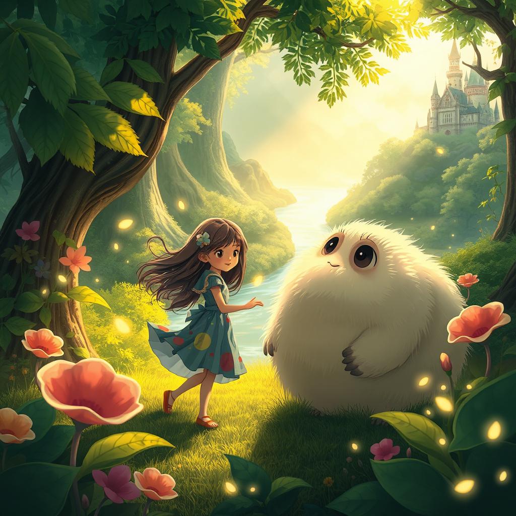 A whimsical scene inspired by Hayao Miyazaki's Ghibli films, featuring a lush, vibrant forest filled with fantastical creatures and oversized plants