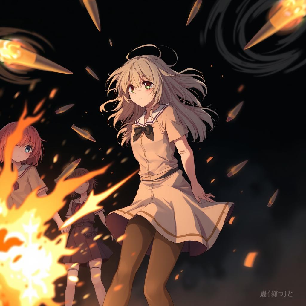 A dramatic scene featuring three girls, with the one in the middle standing out, having cream-colored hair, leaning as if she's in motion
