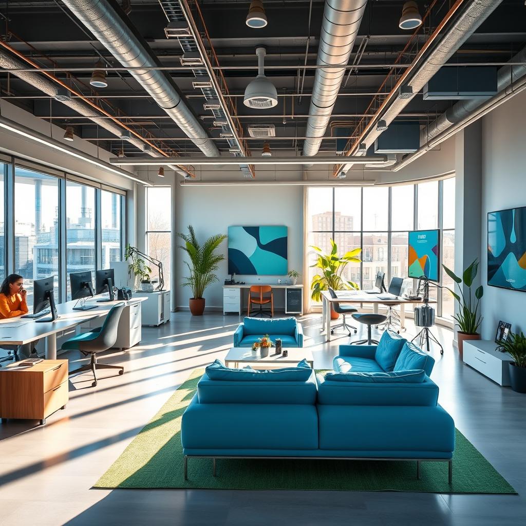 A stunning, vibrant image of a modern studio setting reminiscent of Jabil's design aesthetic, featuring sleek furniture, high-tech equipment, and creative workspaces