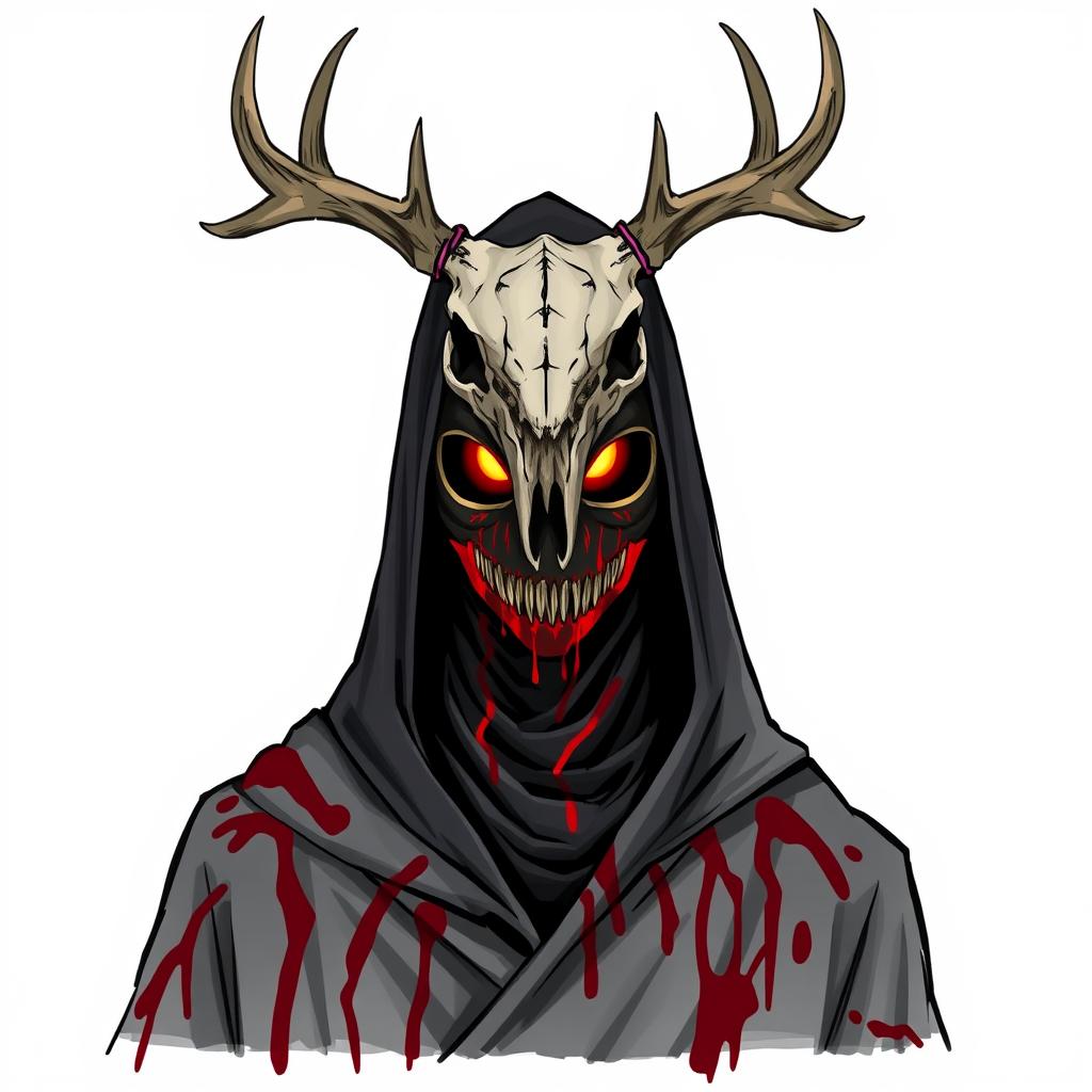 A masked human figure wearing a deer skull as a headpiece