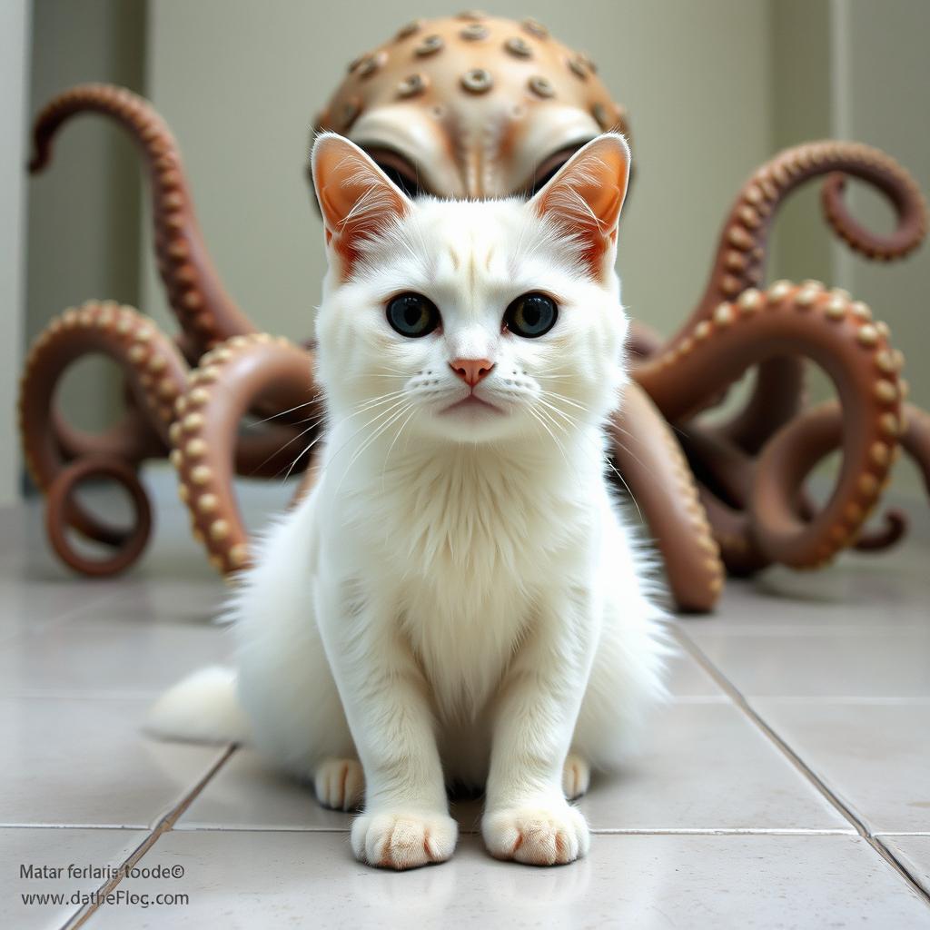 A front view of a white cat with striking black eyes, sitting elegantly on a tiled surface