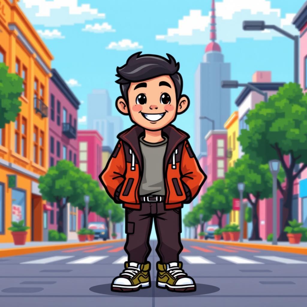 A vibrant and colorful pixel art character, resembling a man, with a charming demeanor and a friendly smile