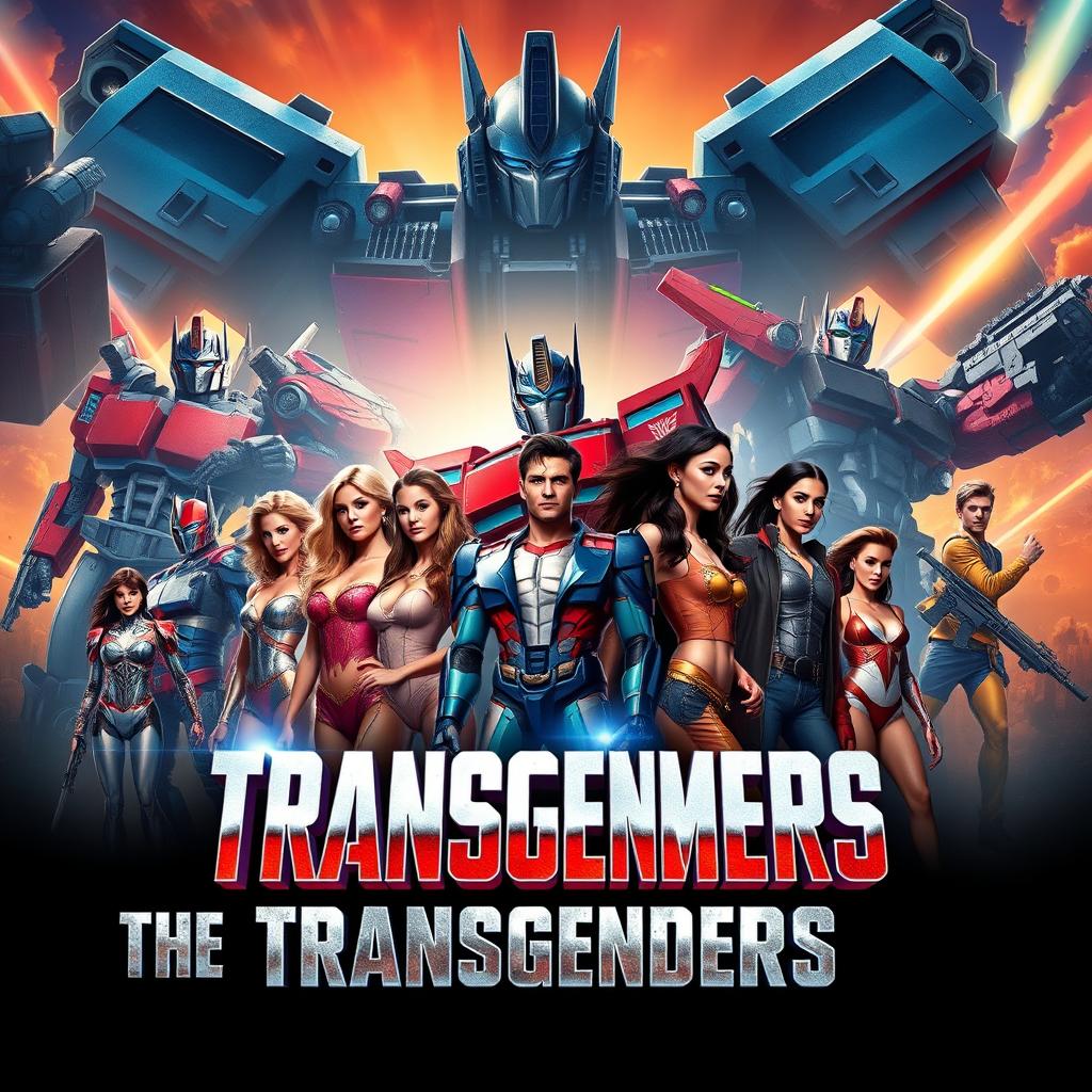 A dramatic movie poster for 'The Transgenders', featuring a vibrant Transformers-inspired backdrop with colossal robots in action
