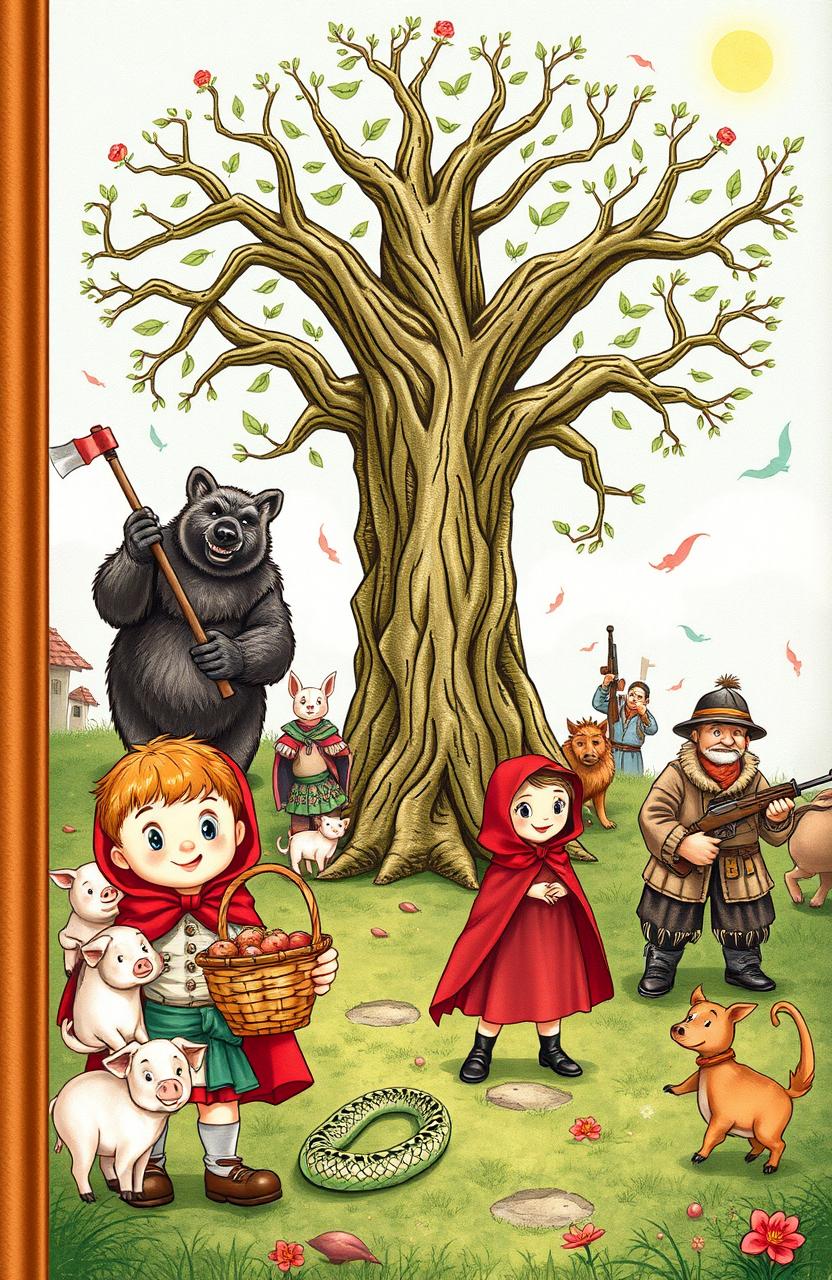 A whimsical book cover in a fairy tale style featuring a young boy holding a basket, alongside a girl in a Little Red Riding Hood cloak