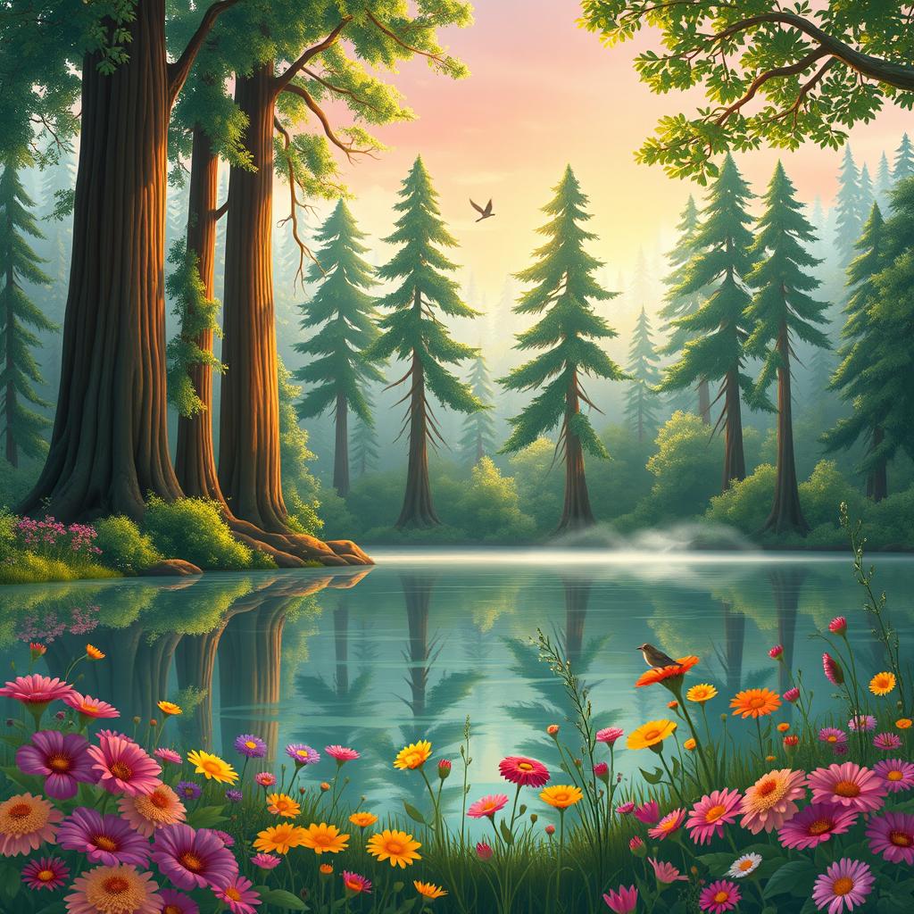 A beautifully illustrated scene depicting a serene forest at sunrise, with light filtering through the leaves