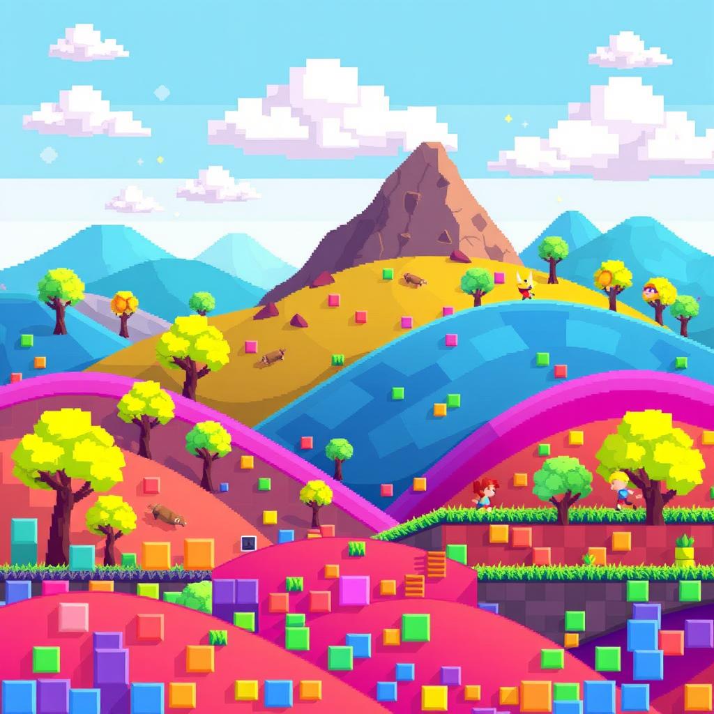 A vibrant, pixel art themed background, featuring a colorful world made up of unique pixelated shapes and elements
