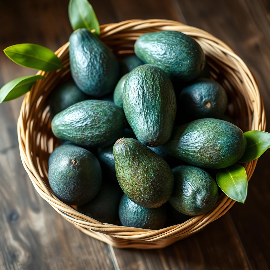 A beautifully arranged basket filled with vibrant blue avocados, showcasing their unique color and smooth texture