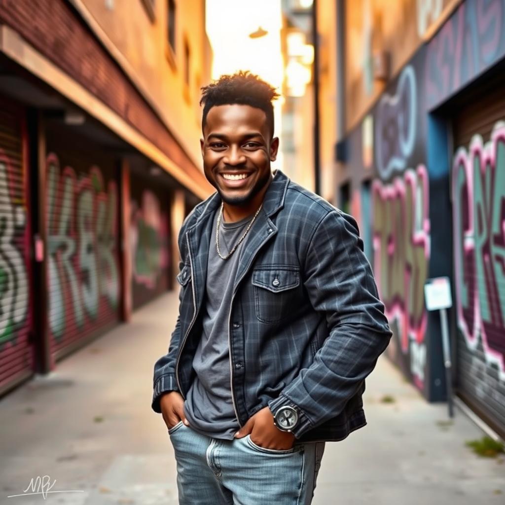 A portrait of a confident black man in casual streetwear, posing against an urban backdrop with graffiti art on the walls