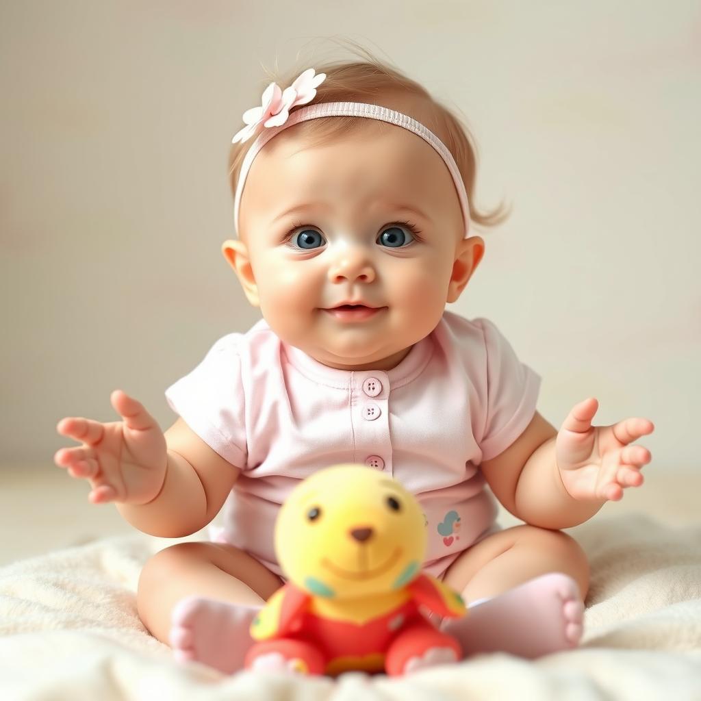 A massively cute 8-month-old baby girl sitting on a soft pastel-colored blanket, her big bright eyes sparkling with wonder