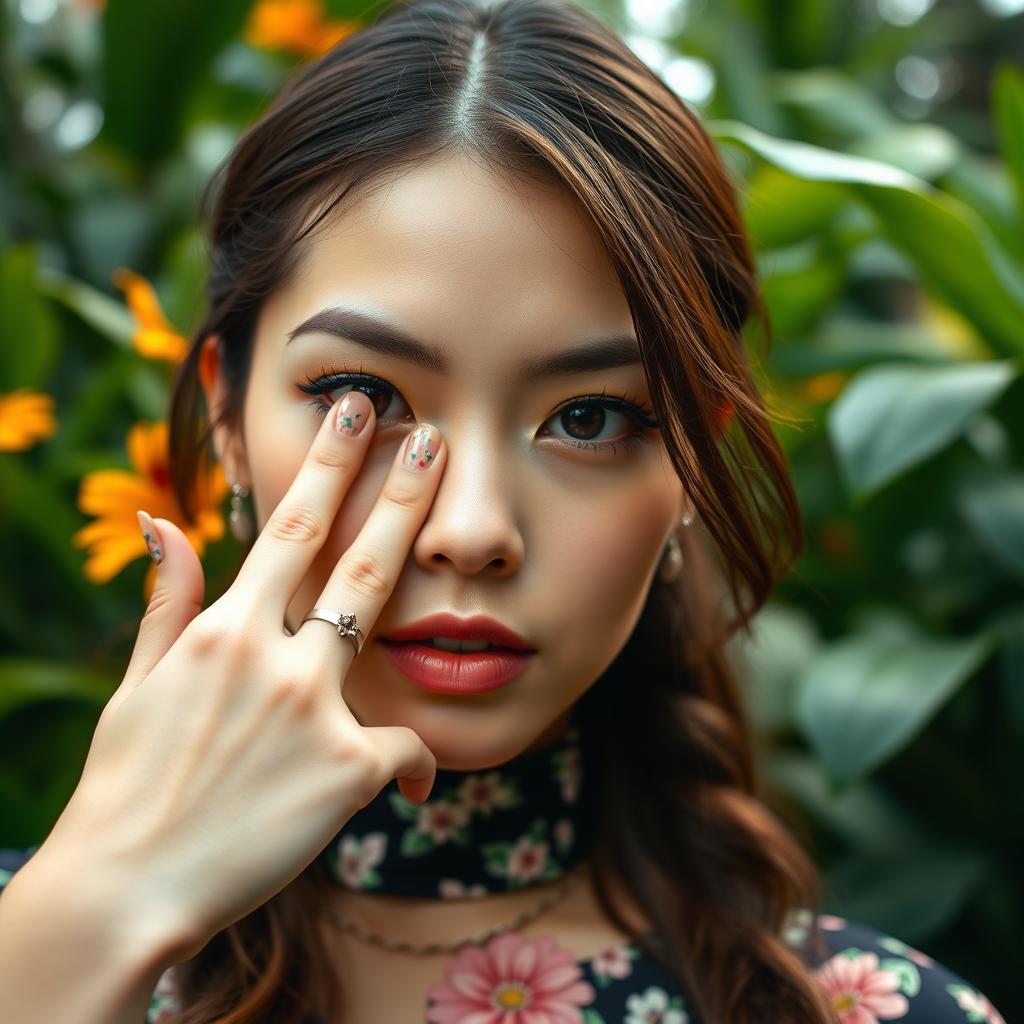 Close up of a young woman with floral-accented nails, set against a lush botanical garden backdrop