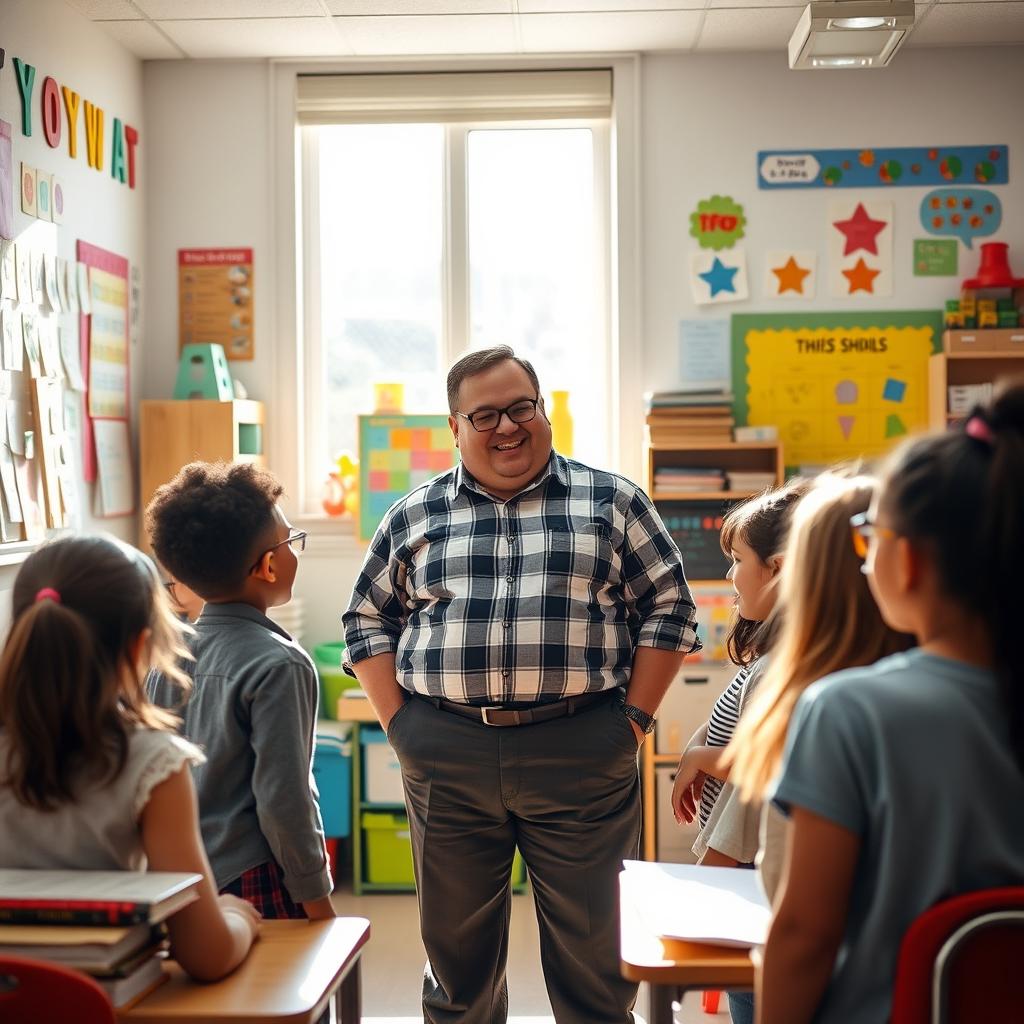 A chubby male teacher in a bright and colorful classroom, surrounded by various educational materials like books, charts, and art supplies