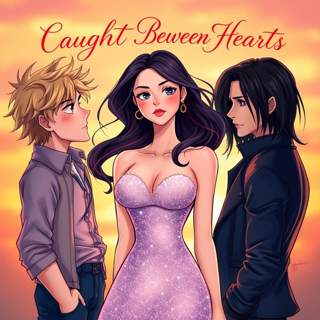 A romantic cover illustration depicting a love triangle between three vibrant characters: a confident woman with flowing dark hair and a sparkling dress, standing at the center, exuding charm and grace