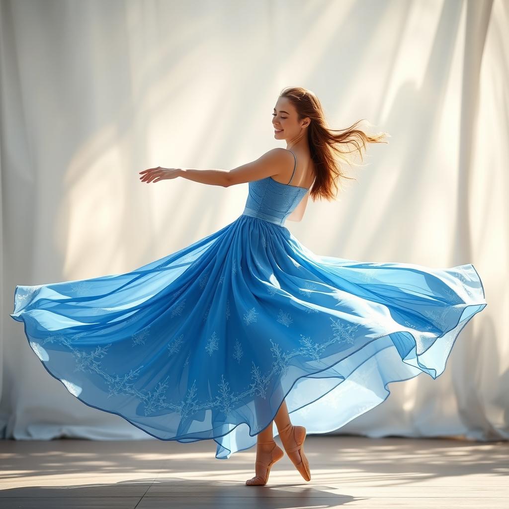 A graceful dancer twirling in a flowing blue dress that billows around her with each movement, capturing the essence of elegance and motion