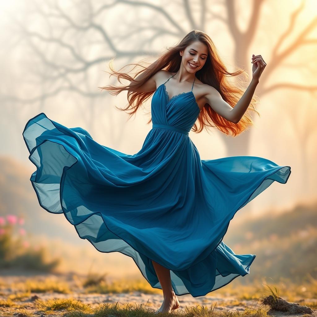 A graceful woman dancing passionately in a flowing blue dress that swirls elegantly around her