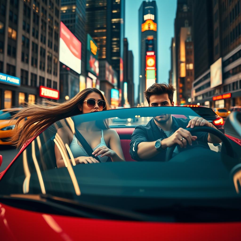 A stylish young woman and a young man driving in a vivid red Ferrari through the bustling streets of New York City, with iconic skyscrapers and bright city lights in the background