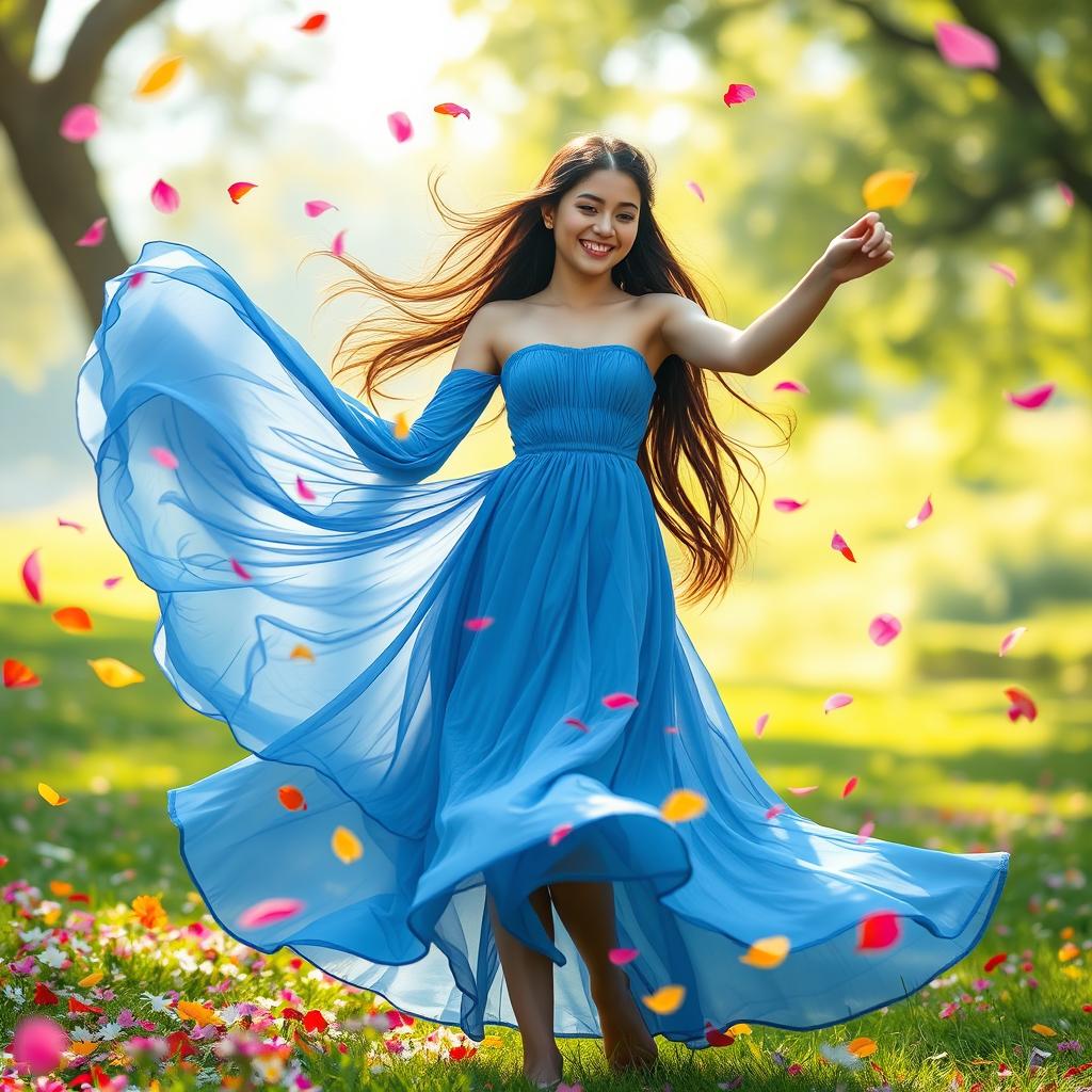A vibrant scene featuring a joyful young woman dancing gracefully in a flowing blue dress