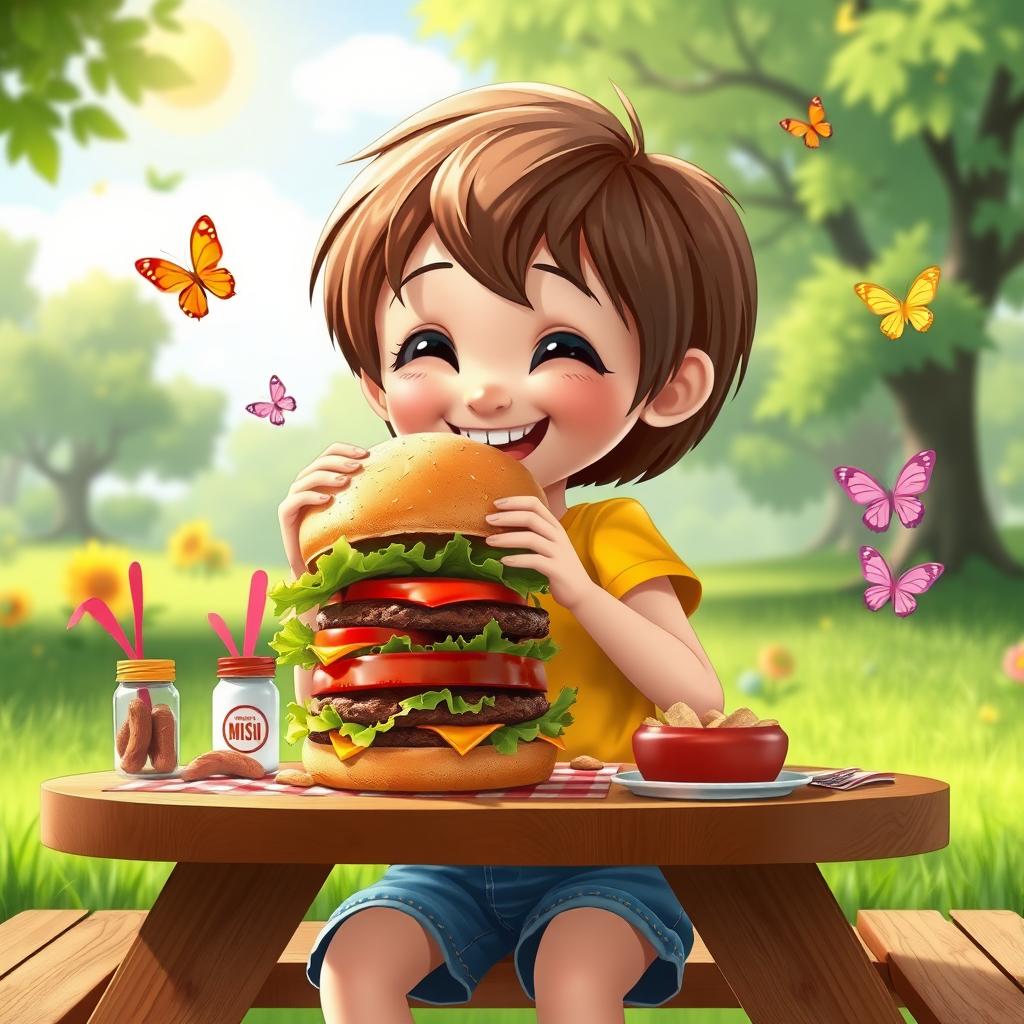 A whimsical scene featuring a child named Misi, with a joyful expression, seated at a picnic table in a lush green park