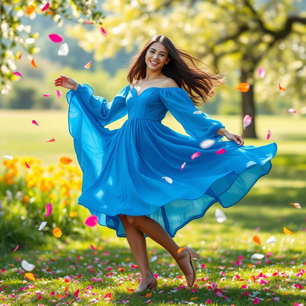 A joyful young woman dancing gracefully in a flowing blue dress that billows elegantly around her