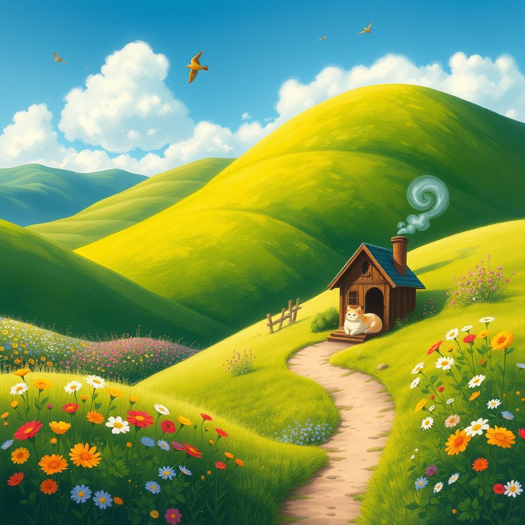 A whimsical landscape featuring lush green hills, vibrant wildflowers, and a clear blue sky, depicted in the enchanting style of Studio Ghibli