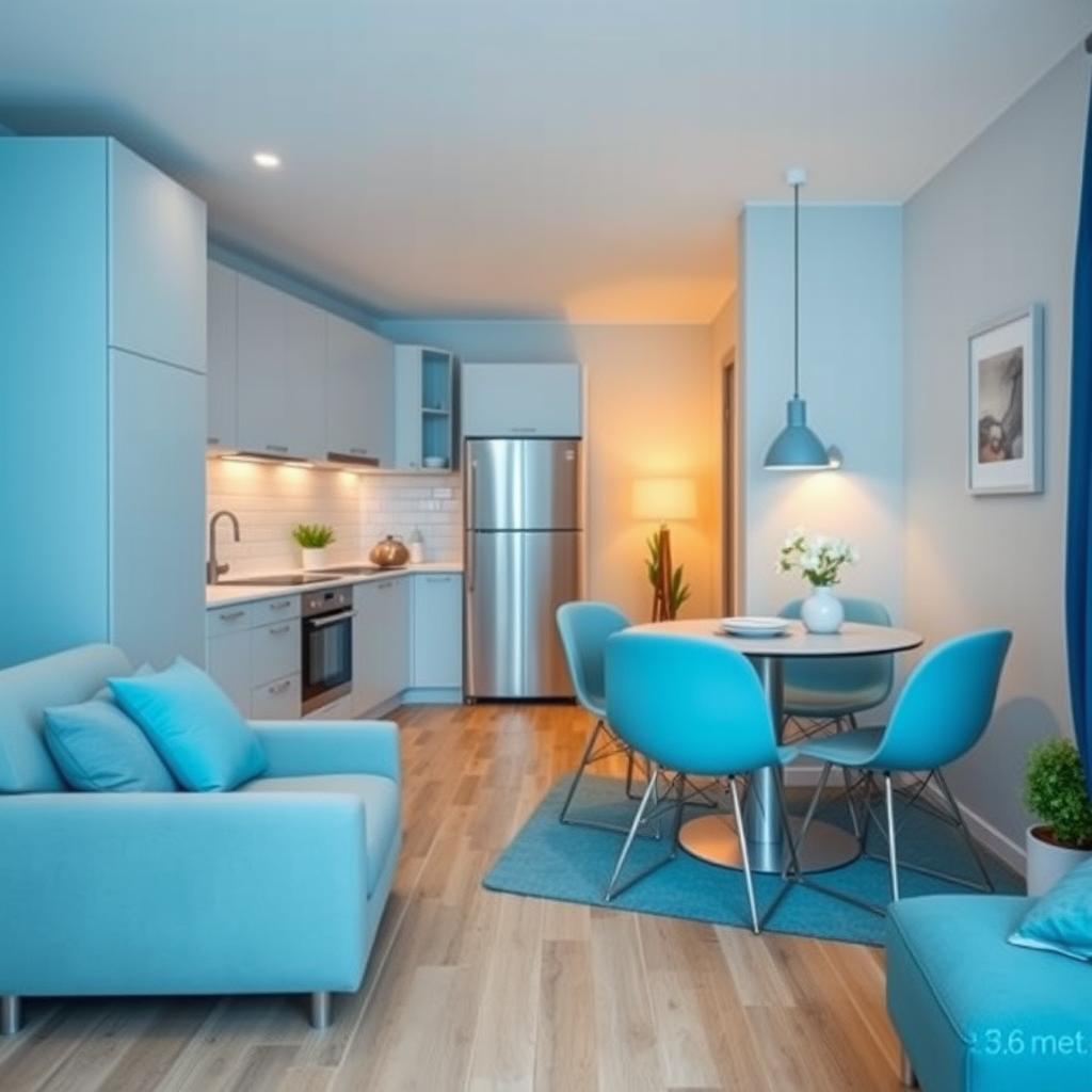 A cozy small kitchen and living room designed primarily in soothing blue colors