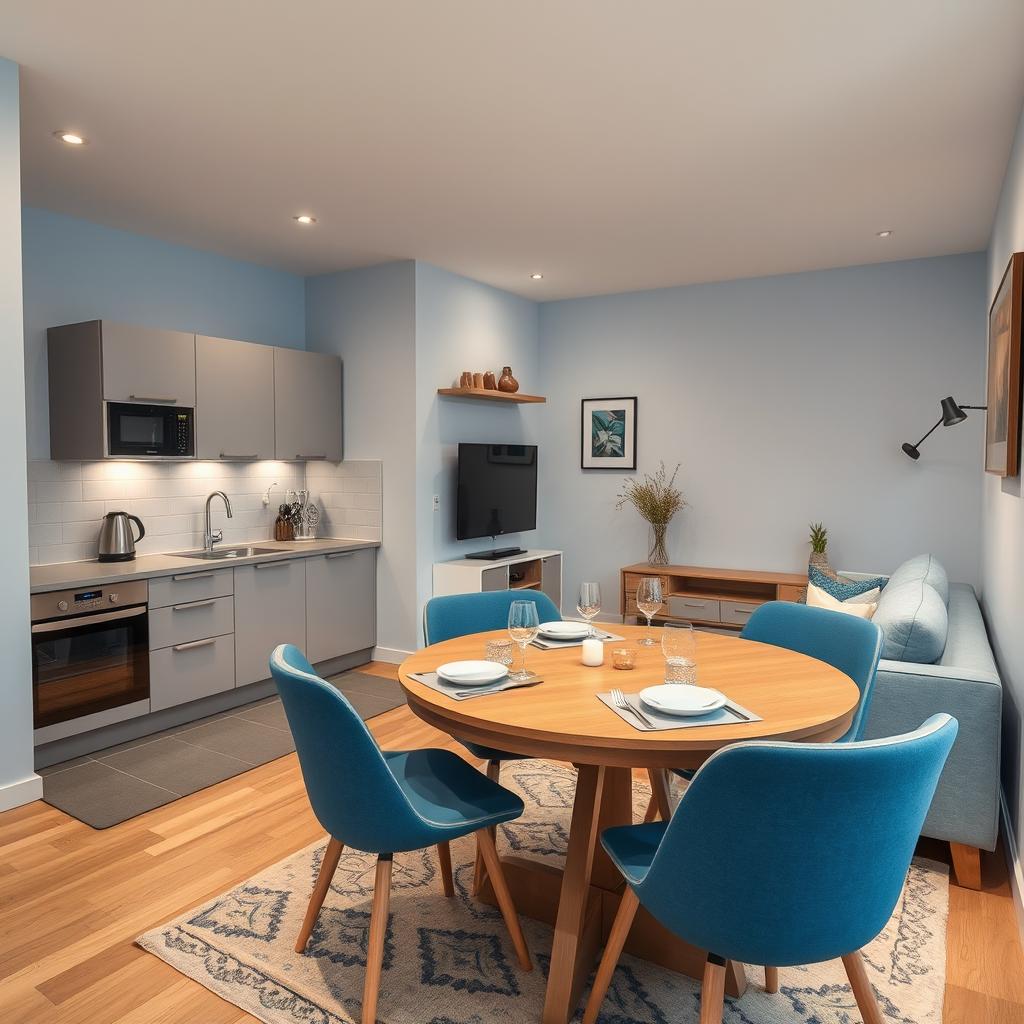 A cozy small kitchen and living room ambiance primarily featuring shades of blue