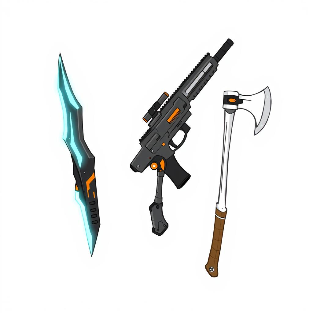 A simple 2D drawing featuring three weapons: an energy knife, a plasma rifle, and an axe