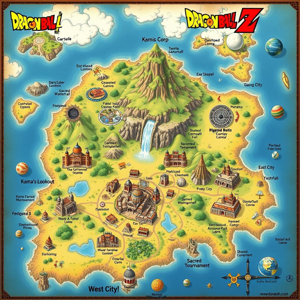 A detailed map of the Dragon Ball Z universe, showcasing iconic locations such as Kami's Lookout, Capsule Corp, the Sacred Waterfall, and the World Martial Arts Tournament arena