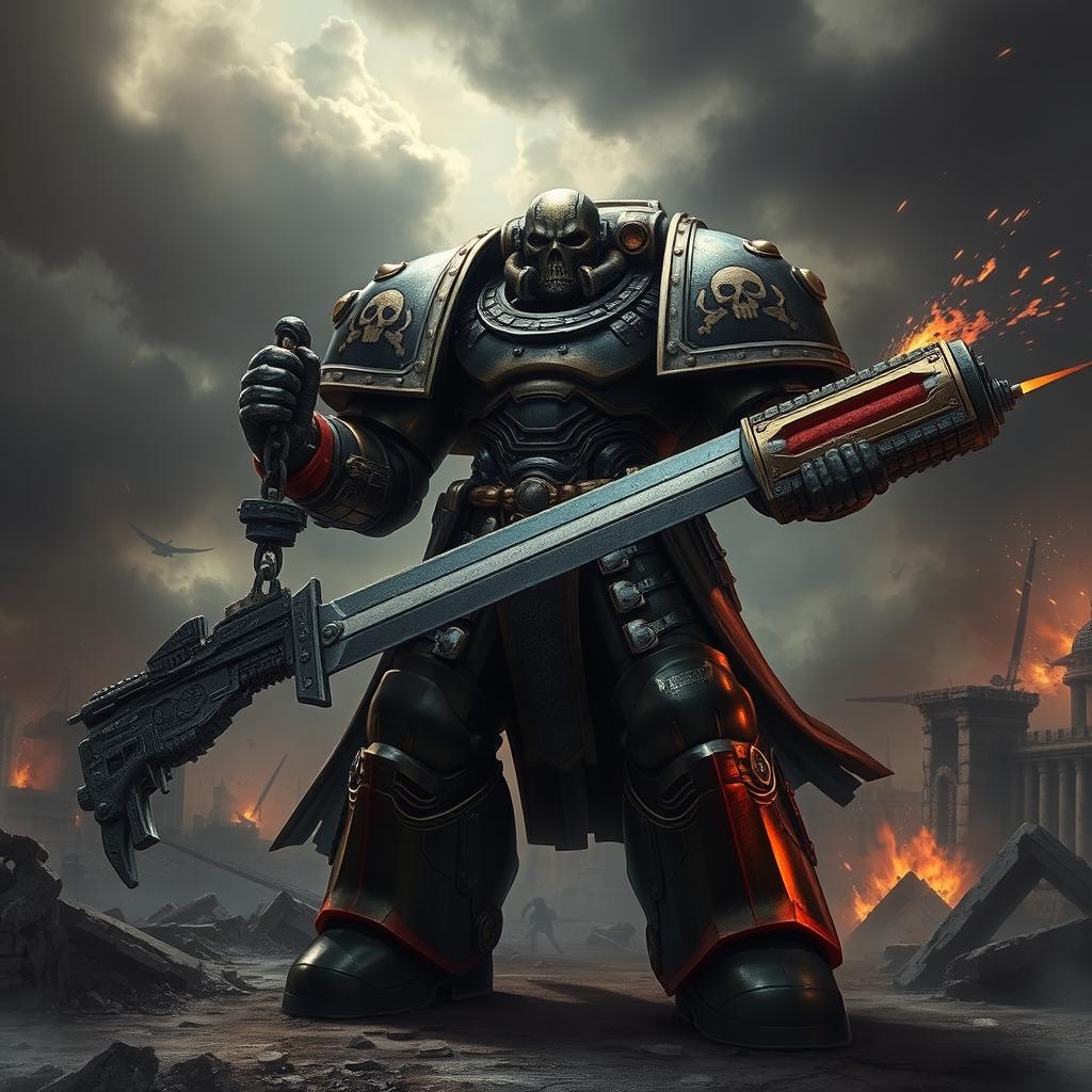 A dramatic and imposing scene in a Warhammer 40k style, featuring a towering Space Marine in intricate power armor adorned with skull motifs and battle scars