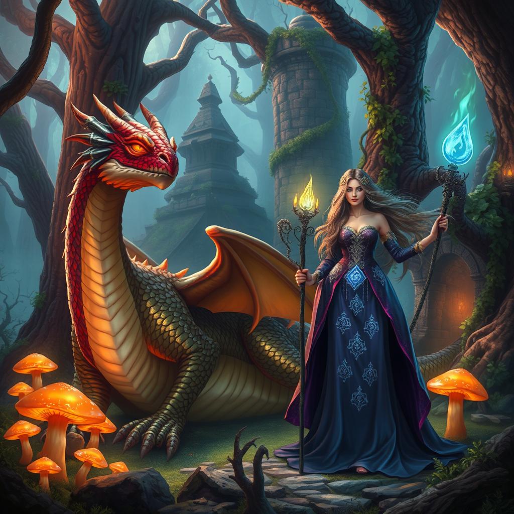 A captivating fantastical scene that combines elements of dragons and dungeons, alongside a powerful witch