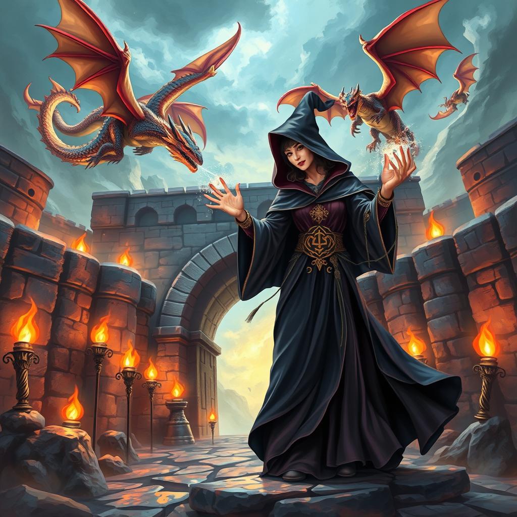 A captivating fantasy book cover featuring an epic scene between dragons and dungeons with a powerful witch casting spells