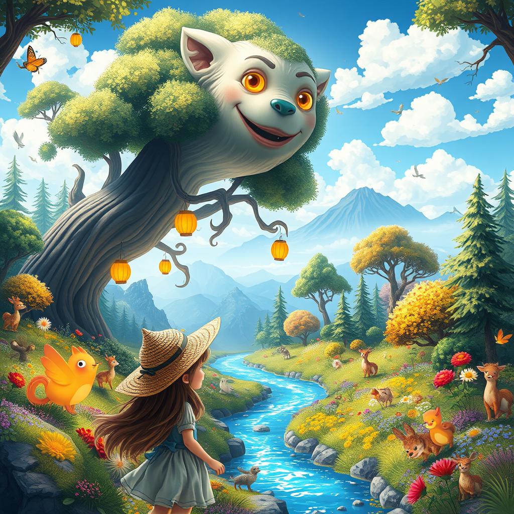 A whimsical fantasy landscape featuring a lush, vibrant forest filled with towering trees, colorful flowers, and playful woodland creatures