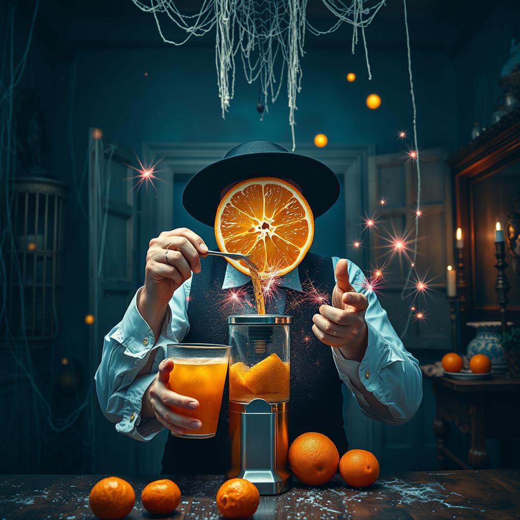 A realistic photomontage of a magical man with an orange half for a face, passionately squeezing oranges into a juicer